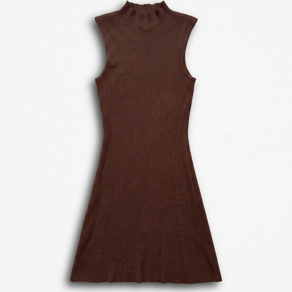 Aster Womens Brown Ribbed Mock Neck Sleeveless Fit and Flare Mini Dress Small